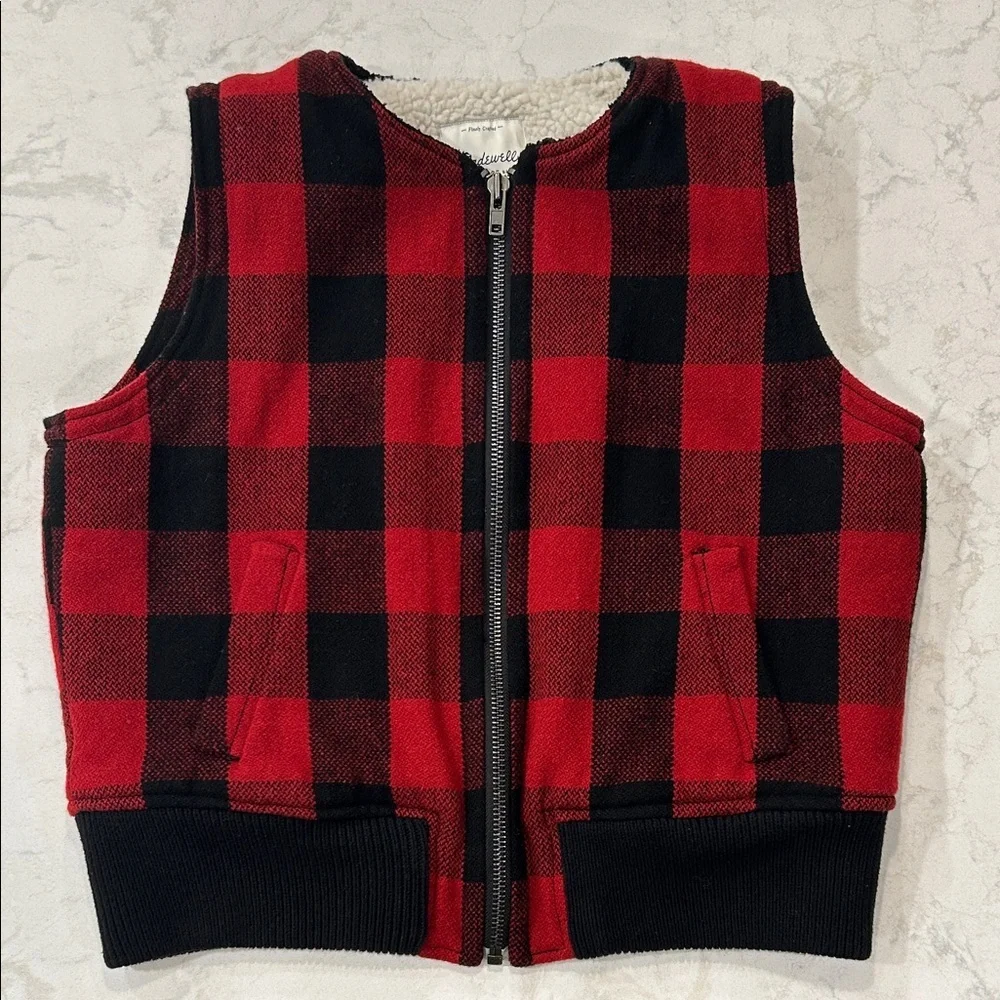 Madewell Wool Buffalo Check Sherpa Fleece Lined Vest Full Zip Knit Collar XL